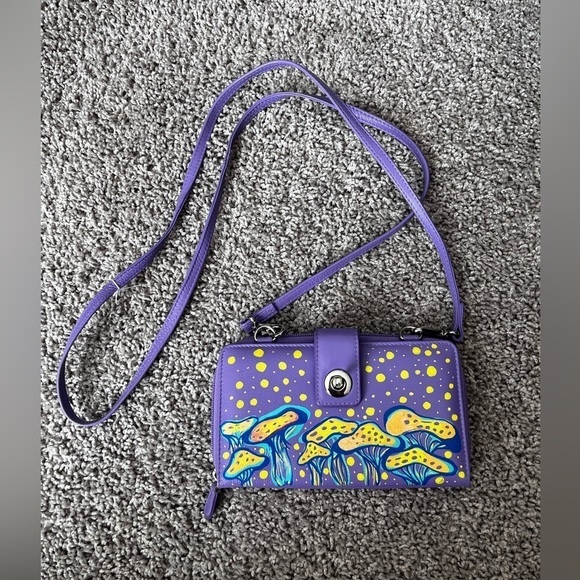 rfid Handbags - Hand painted mushroom purse fairycore mini genuine leather purple and yellow